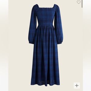 J. Crew Smocked Midi Dress in Indigo Plaid | navy plaid puff sleeve midi dress